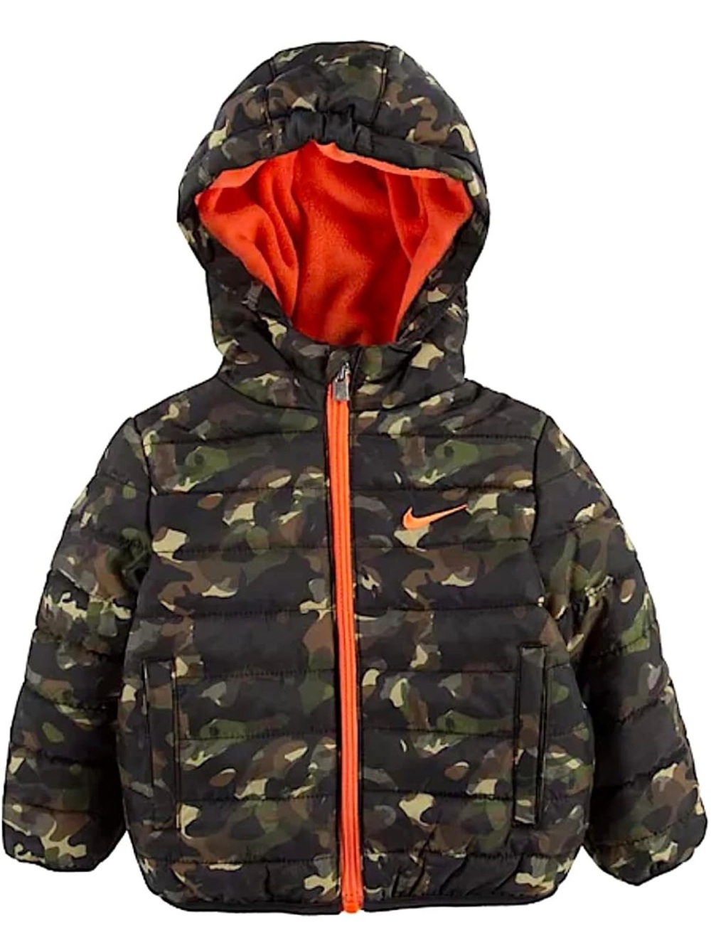 NWT Nike Kids Camo Puffer Jacket with Orange Lining and Zip